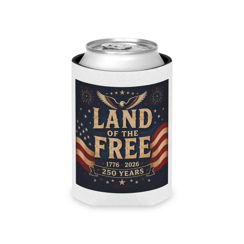 Hand holding personalized America 250 patriotic can cooler