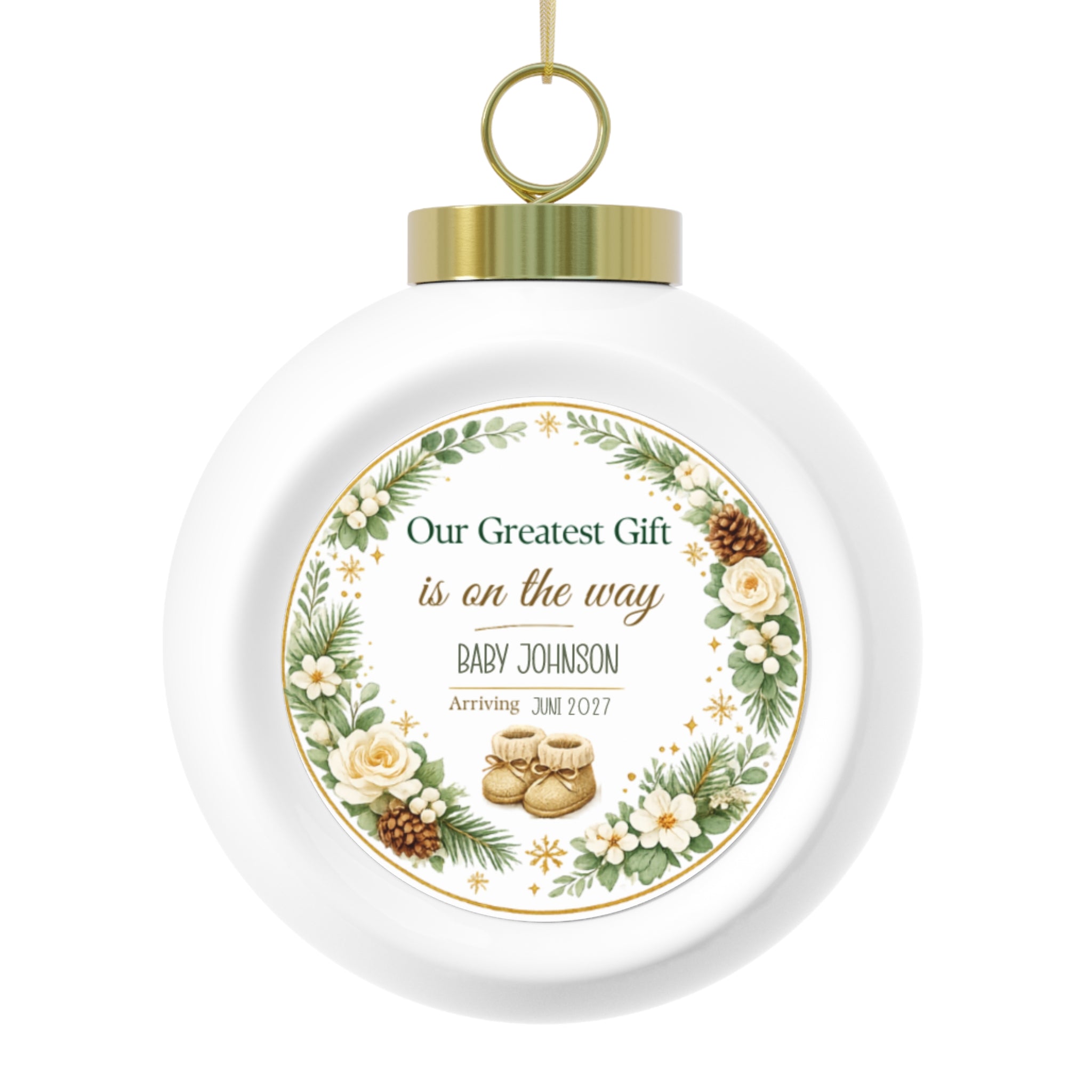 Personalized pregnancy announcement Christmas ornament with a greenery wreath, baby name, arrival date, and knitted booties