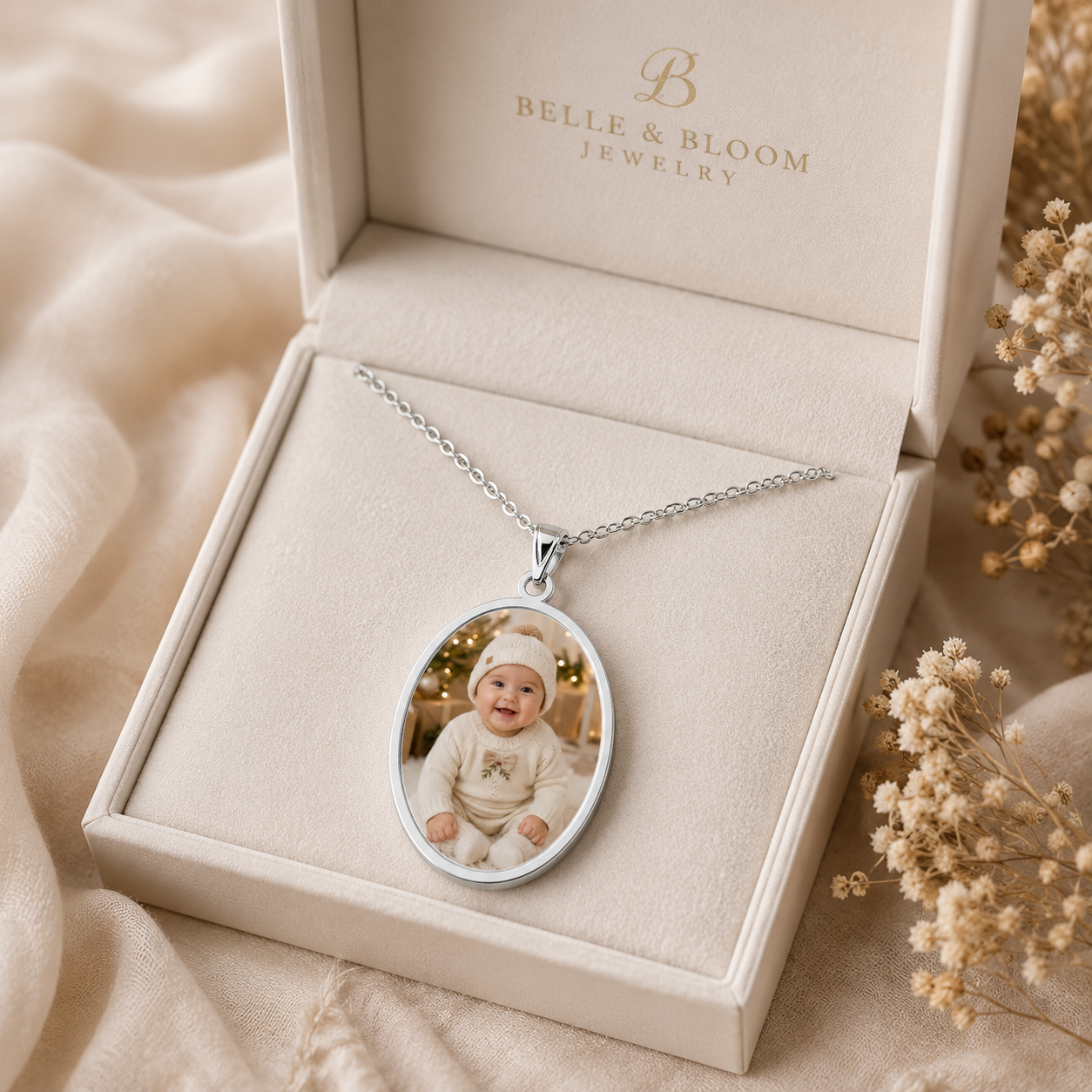 Close-up of the engraved oval frame on the sterling silver baby photo pendant