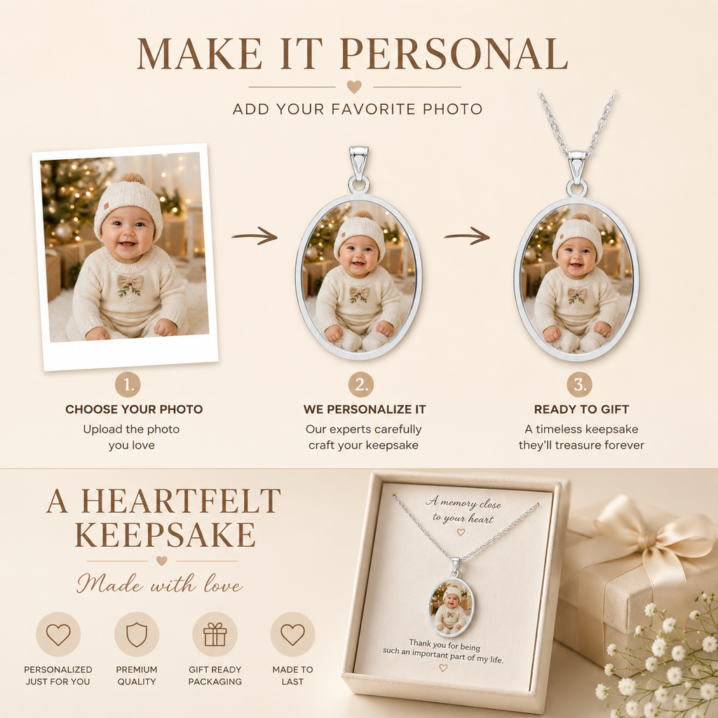 Oval baby photo necklace shown with its gift box