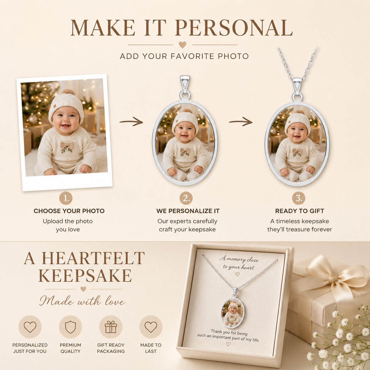 Oval baby photo necklace shown with its gift box