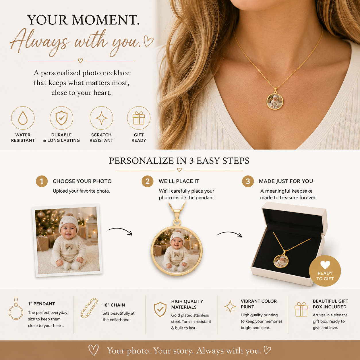 Close-up of the engraved border on the gold-plated baby photo pendant