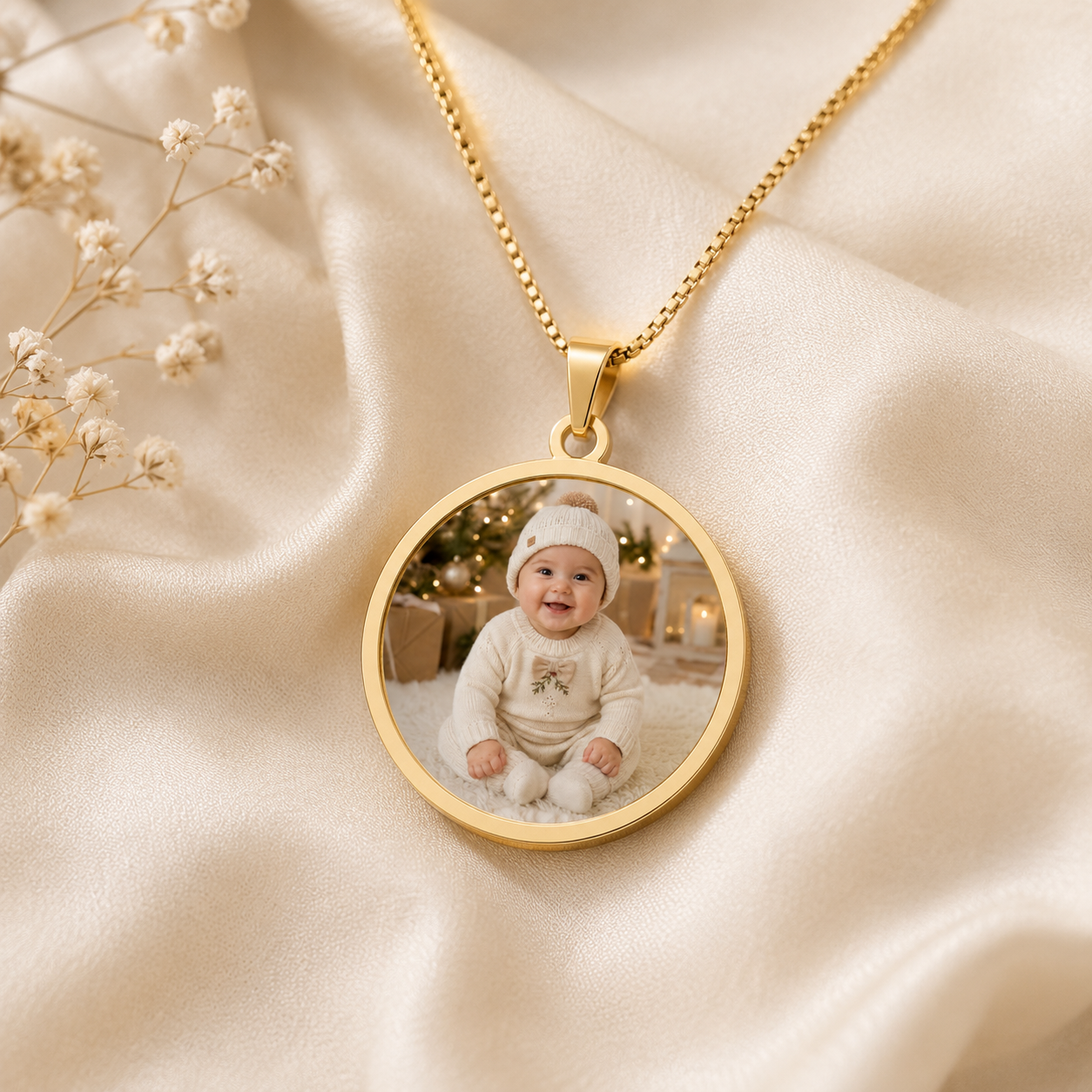 Personalization guide showing how a baby photo is placed in the gold pendant