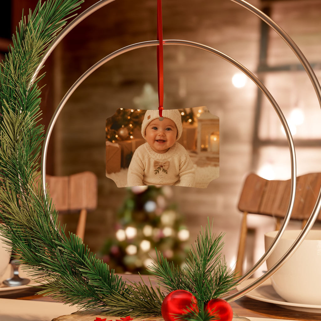 Personalized baby photo ornament shown with its red satin ribbon