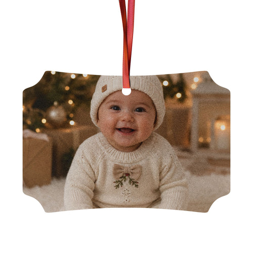 Personalized baby photo ornament in the square shape hanging from a red ribbon