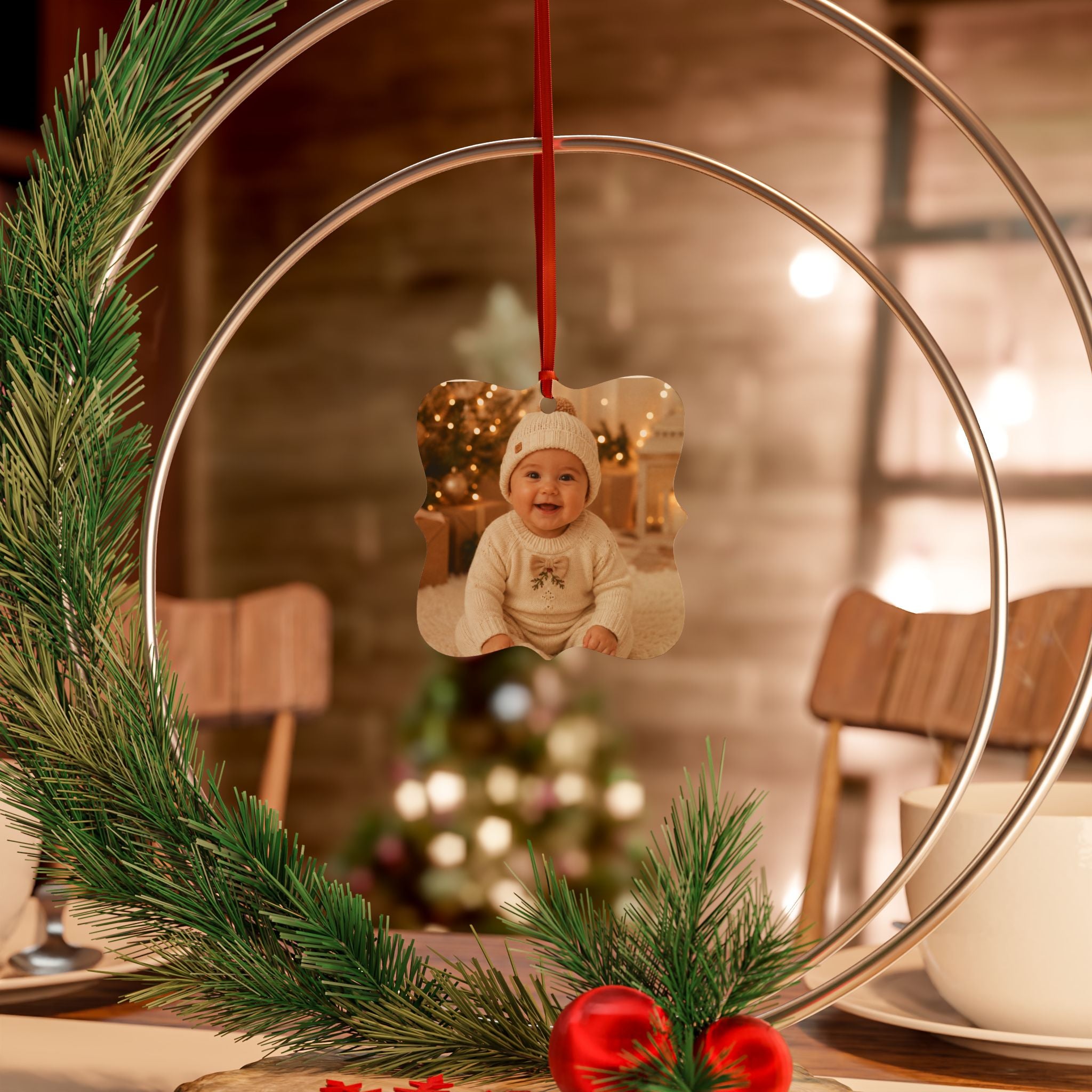 Personalized baby photo ornament displayed as holiday decor