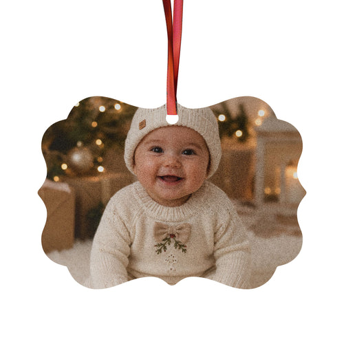 Personalized baby photo ornament in aluminum with a first Christmas photo and red satin ribbon