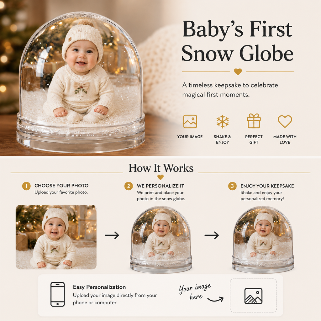 Personalization template for the baby photo snow globe showing the two-sided print