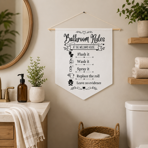 Design template for the Bathroom Rules pennant showing the print layout
