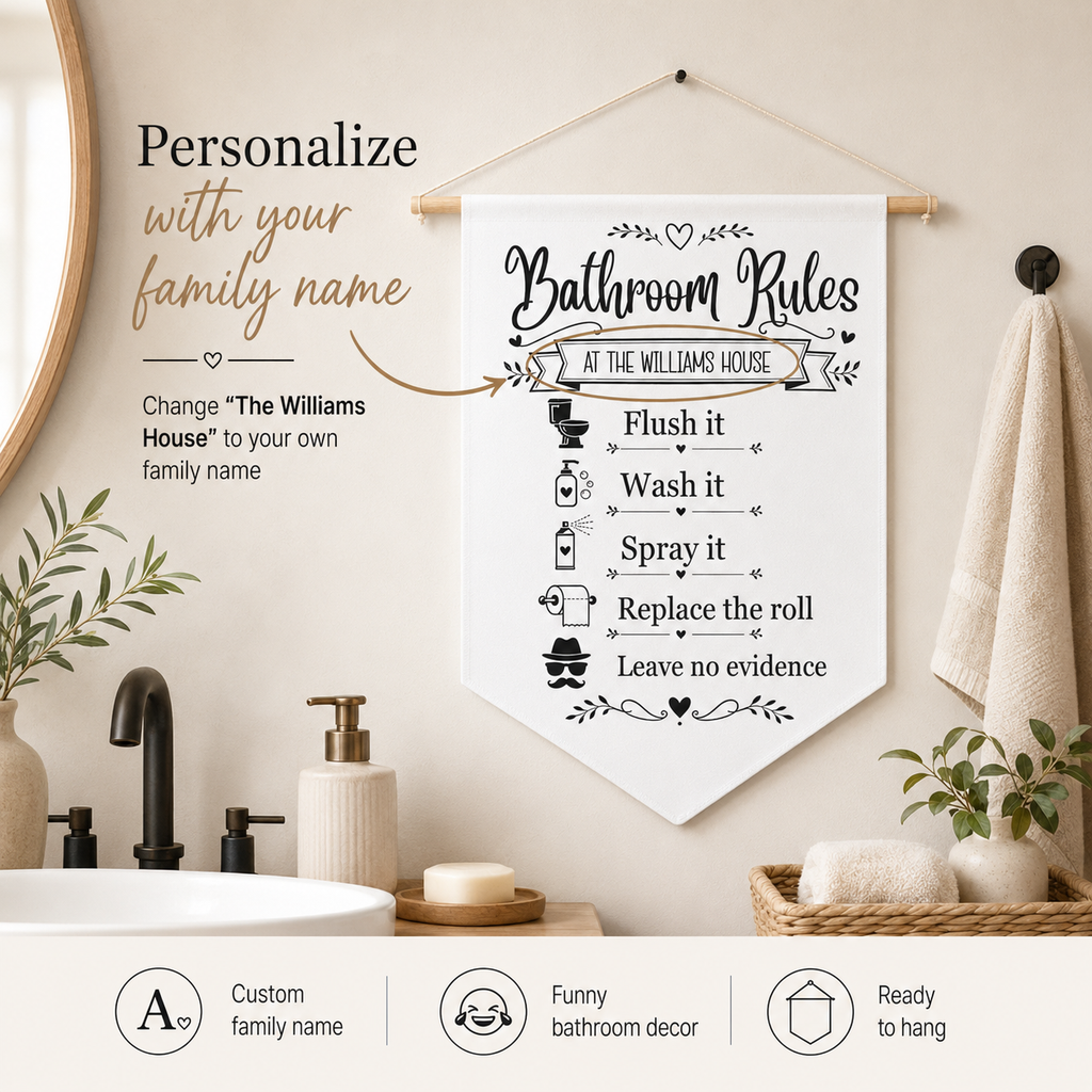 Close-up of the vintage lettering and icons on the Bathroom Rules pennant