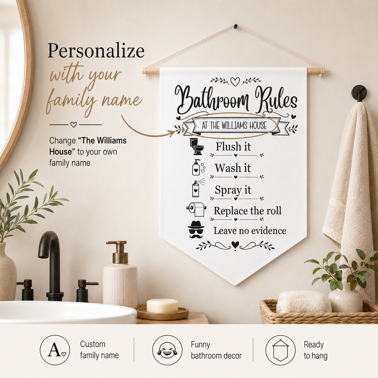 Close-up of the vintage lettering and icons on the Bathroom Rules pennant