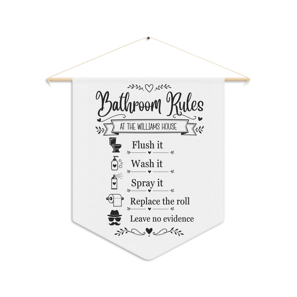 Personalized Bathroom Rules pennant with a family name and five funny bathroom rules on a wooden dowel