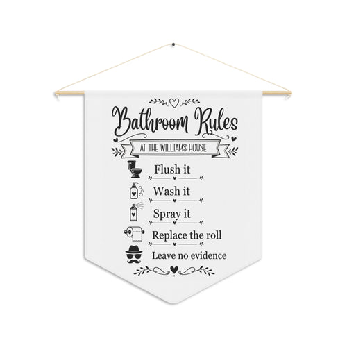 Personalized Bathroom Rules pennant with a family name and five funny bathroom rules on a wooden dowel