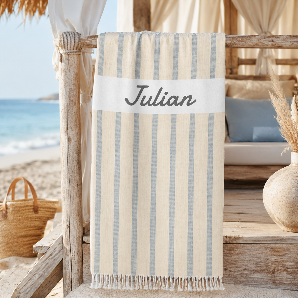 Beige stripe beach towel design detail with custom name
