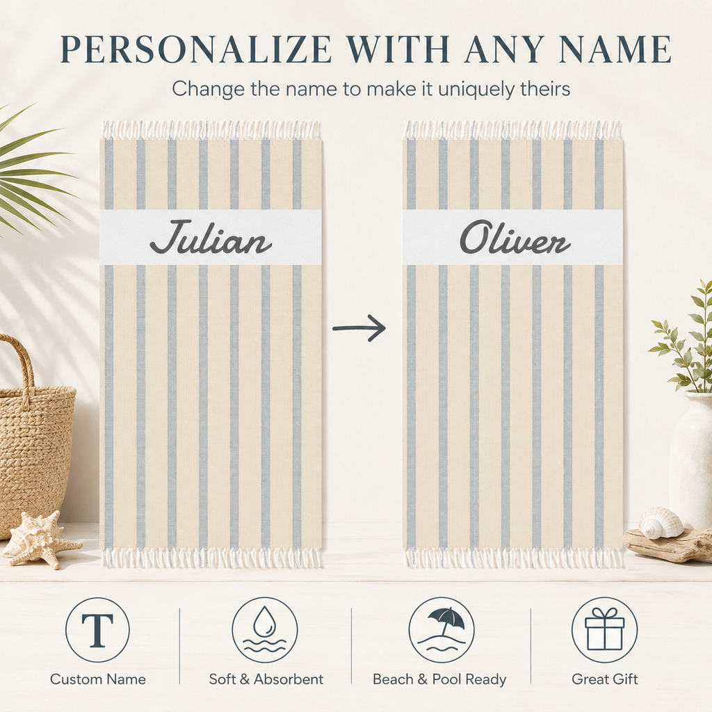 Soft beige striped personalized beach towel artwork