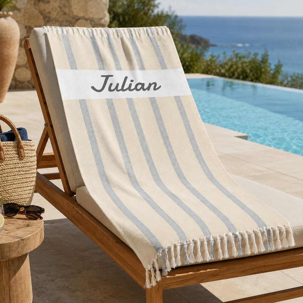 Beige and blue stripe beach towel print design with personalized name