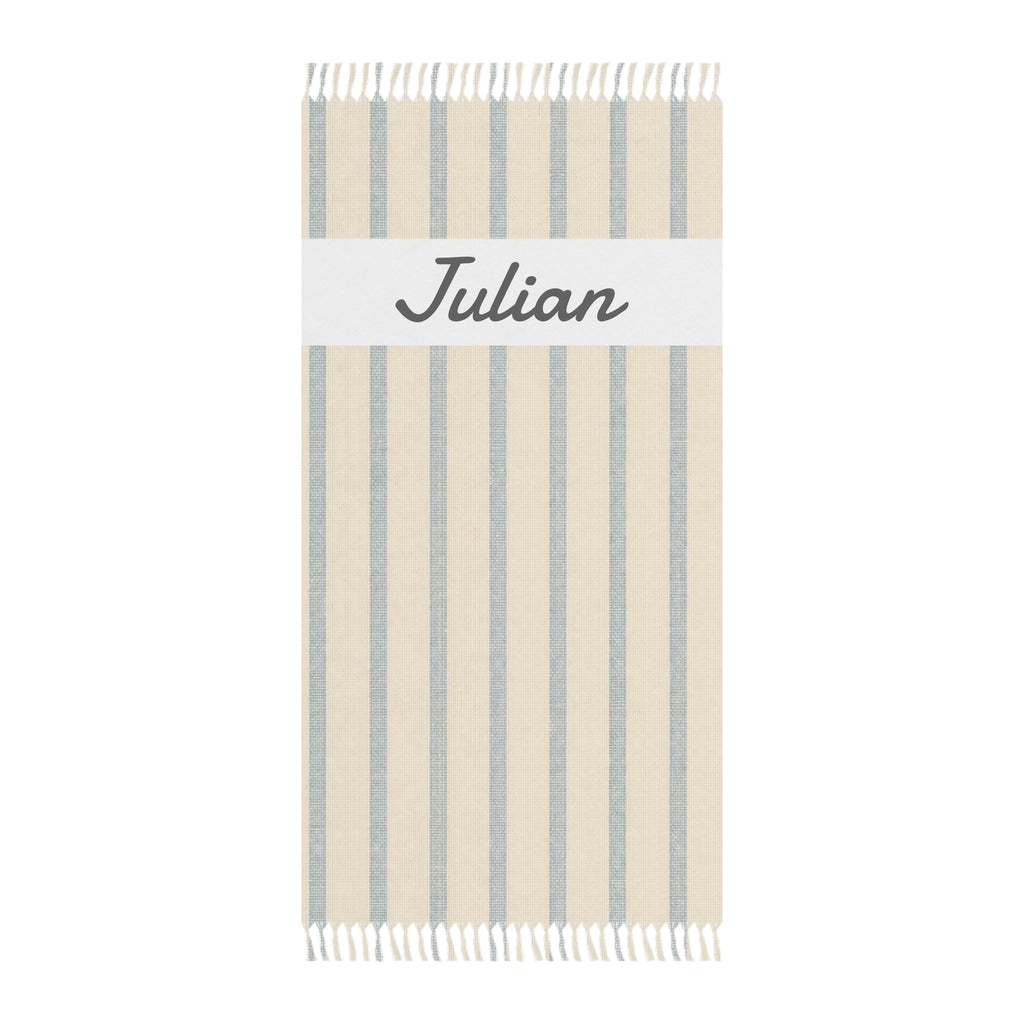 Personalized beige stripe beach towel with custom name and tassels