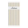 Personalized beige stripe beach towel with custom name and tassels