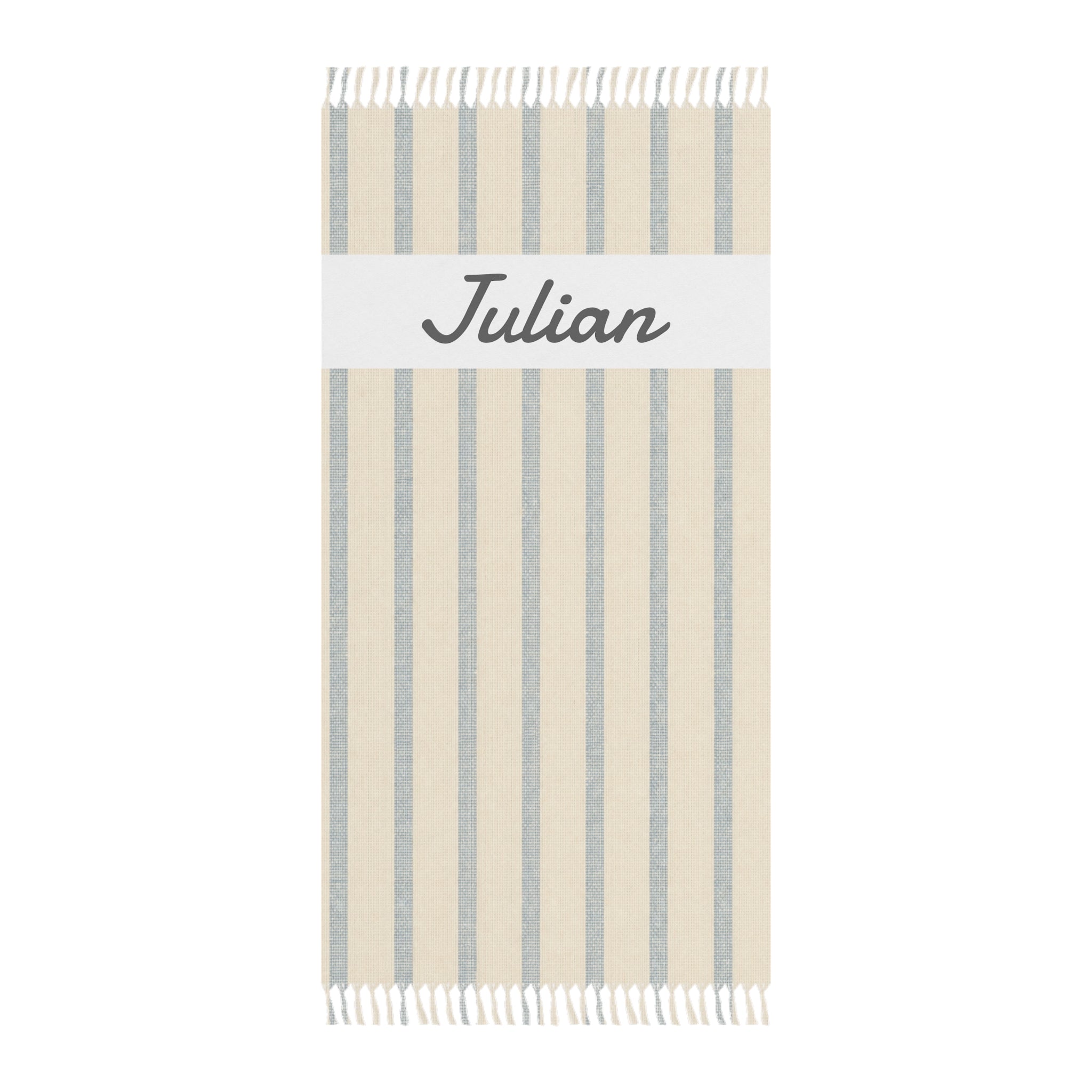 Personalized beige stripe beach towel with custom name and tassels