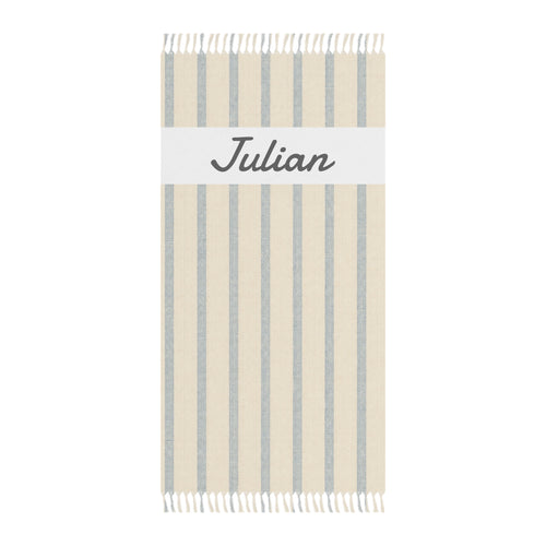 Personalized beige stripe beach towel with custom name and tassels
