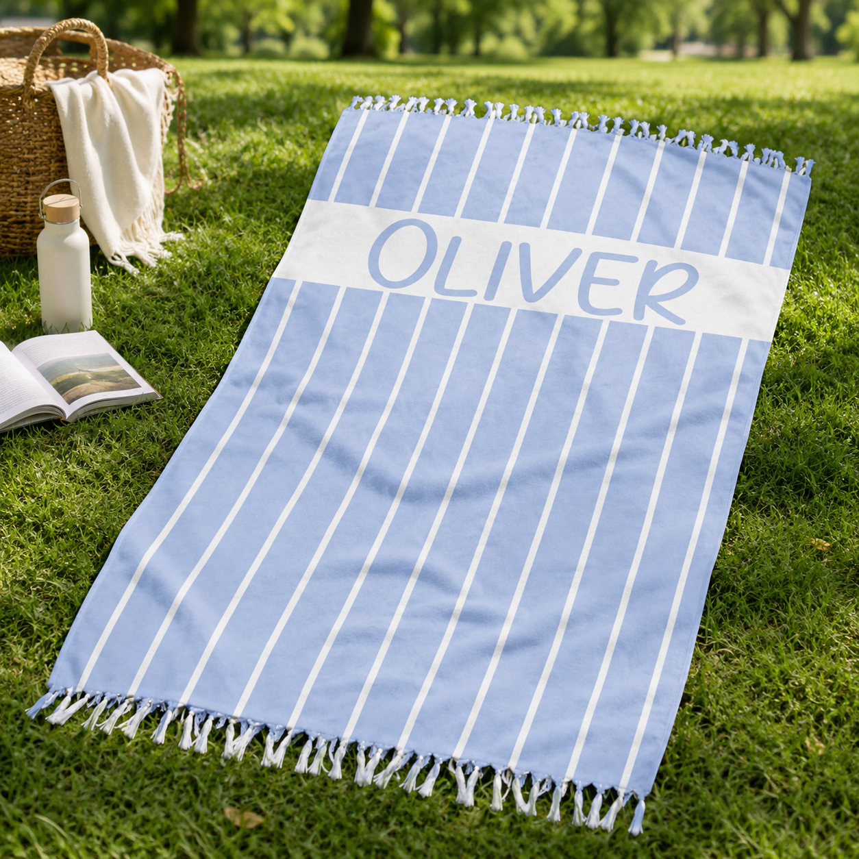 Coastal blue stripe beach towel design detail with custom name