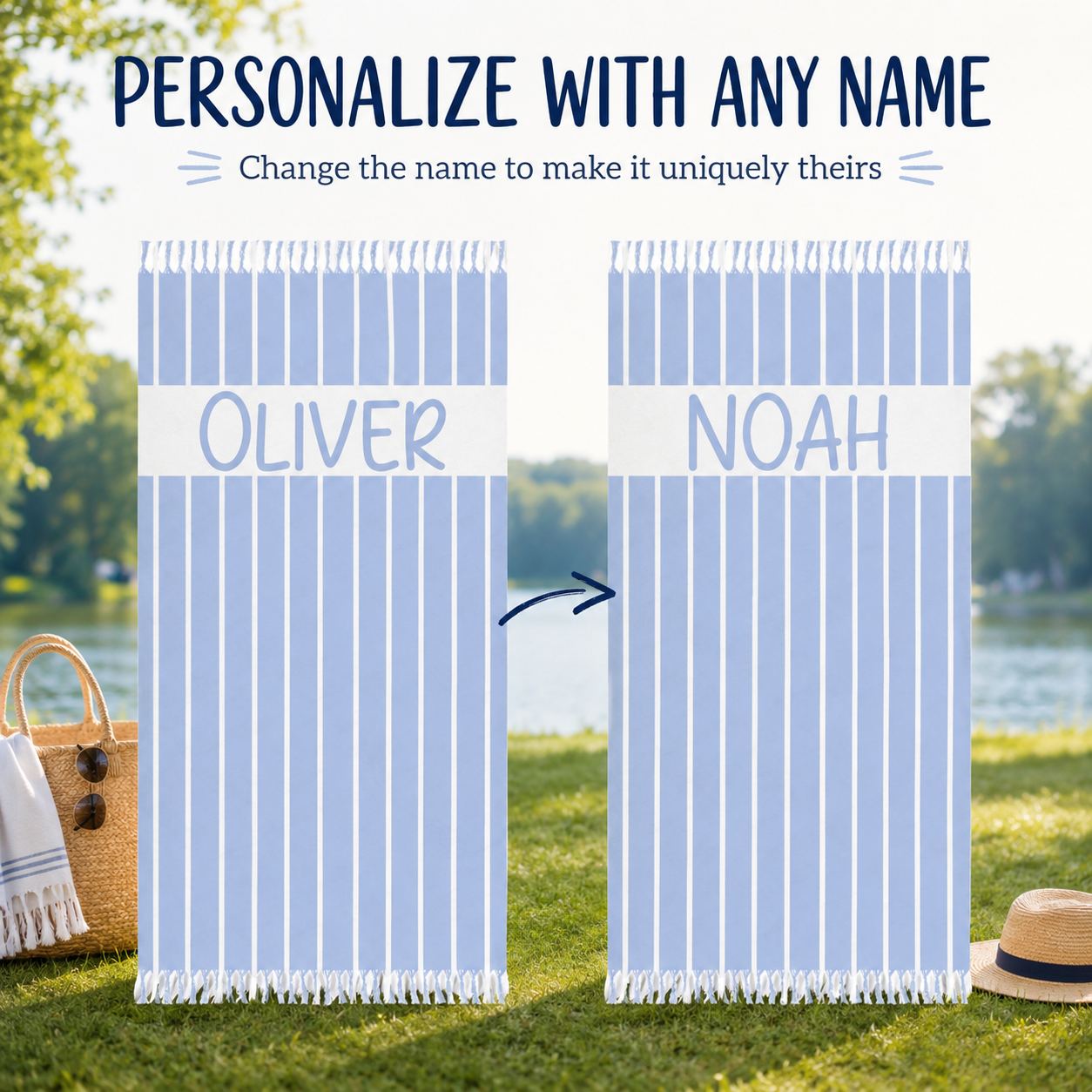 Blue stripe personalized beach towel artwork