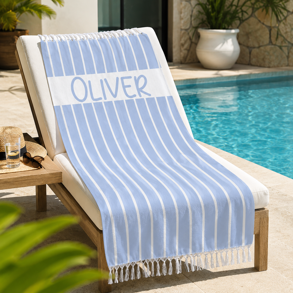 Blue and white stripe beach towel print design with personalized name