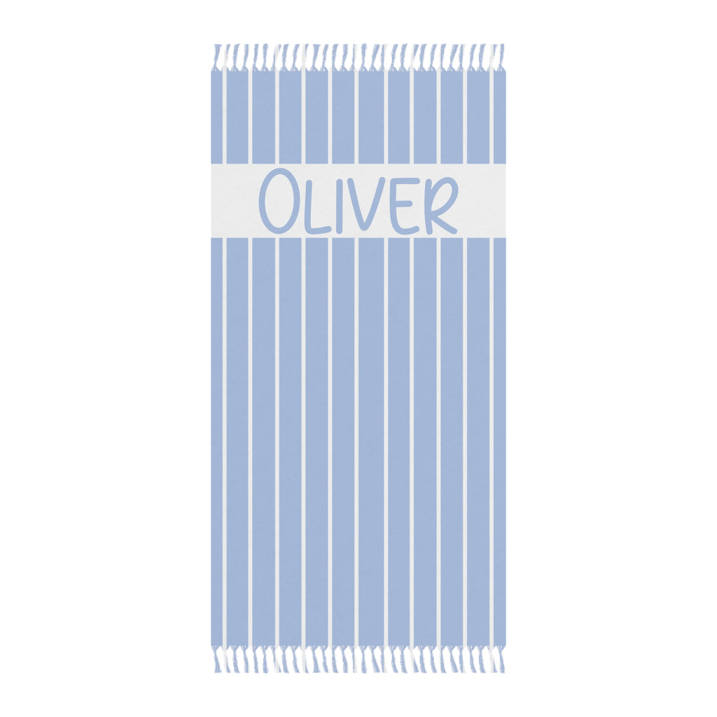 Personalized blue stripe beach towel with custom name and tassels
