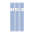 Personalized blue stripe beach towel with custom name and tassels