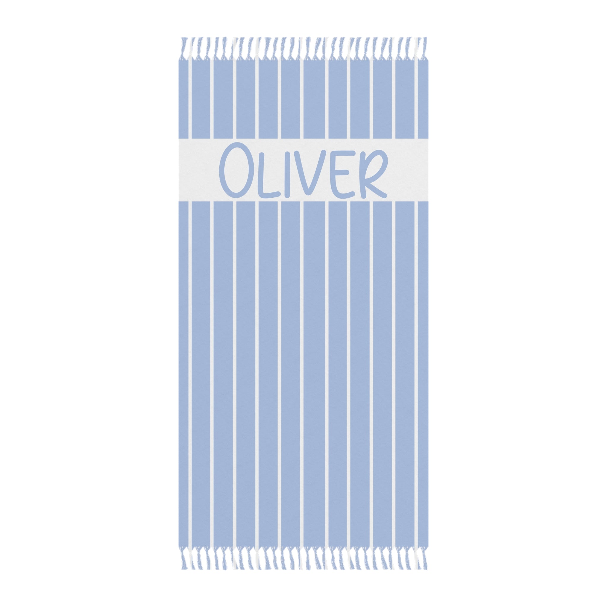 Personalized blue stripe beach towel with custom name and tassels