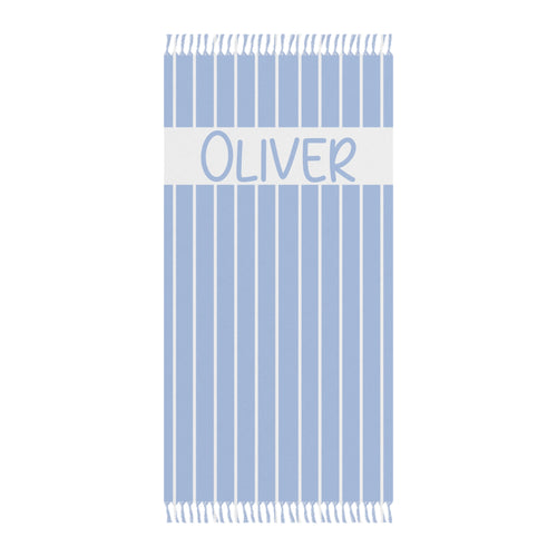 Personalized blue stripe beach towel with custom name and tassels