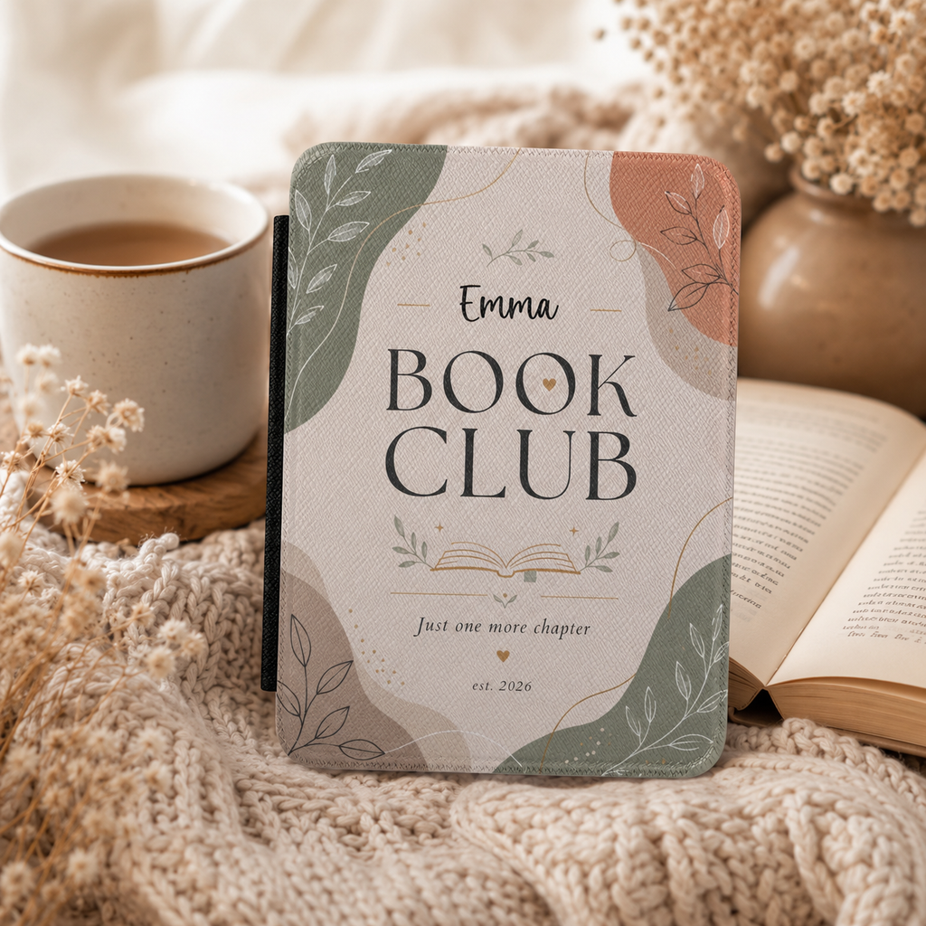 Design template for the book club Kindle case showing the print layout