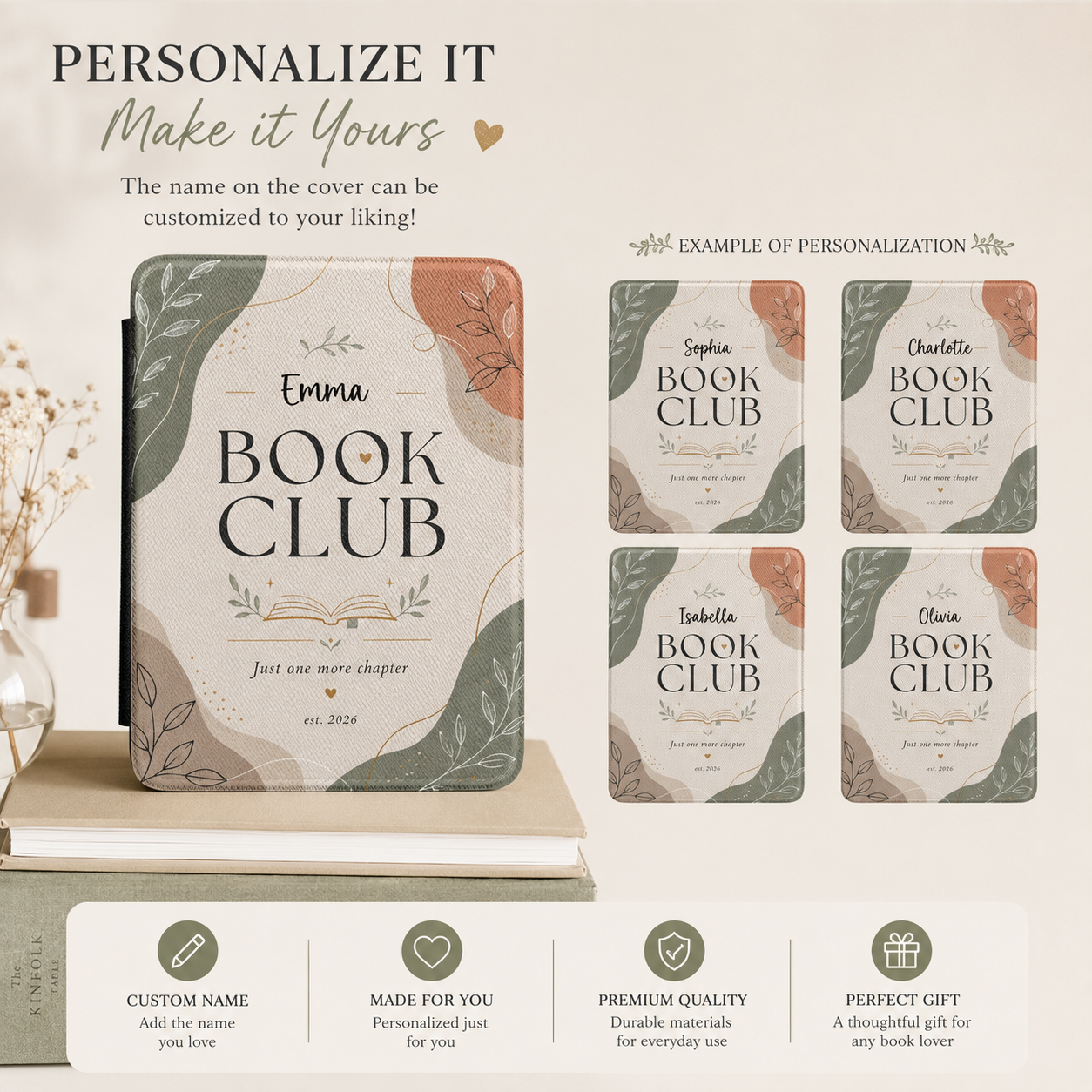 Personalization guide showing the custom name on the book club Kindle case