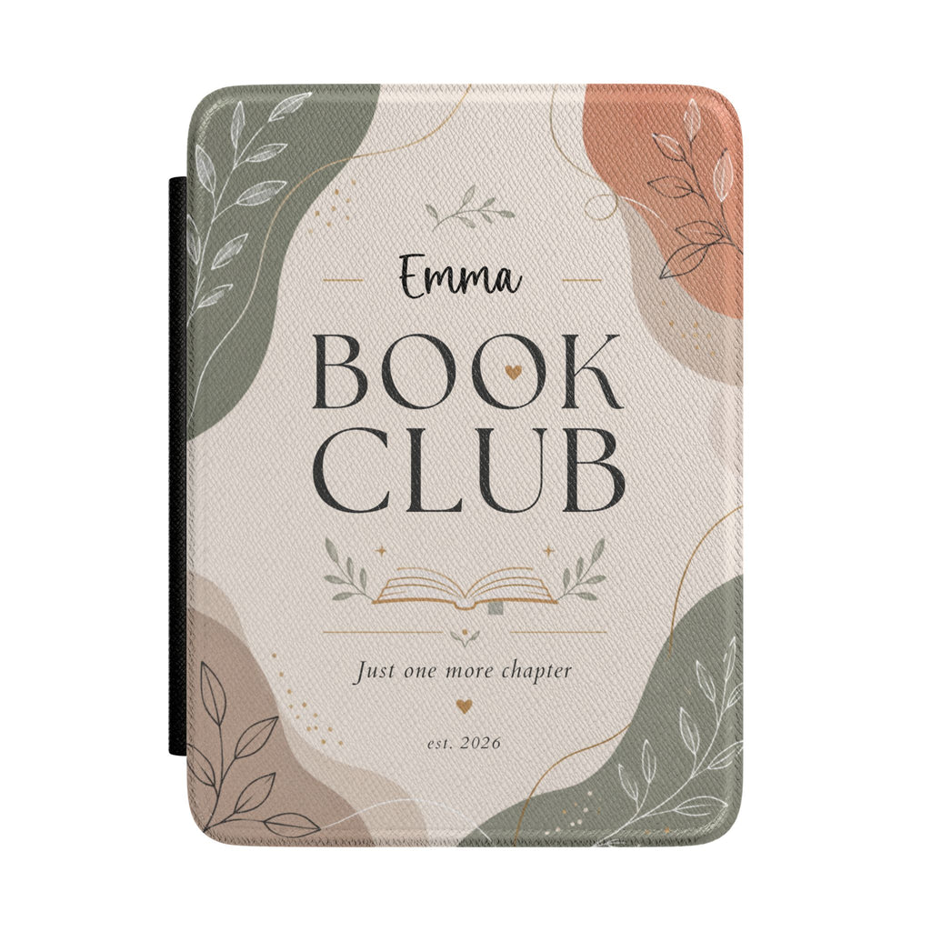 Personalized book club Kindle case with soft boho shapes, leaves, and a custom name reading Book Club