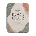 Personalized book club Kindle case with soft boho shapes, leaves, and a custom name reading Book Club