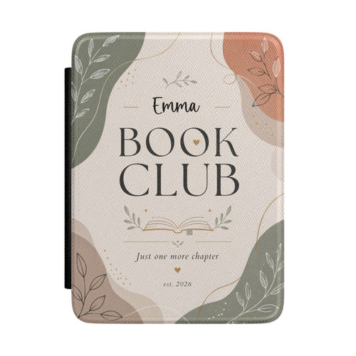 Personalized book club Kindle case with soft boho shapes, leaves, and a custom name reading Book Club