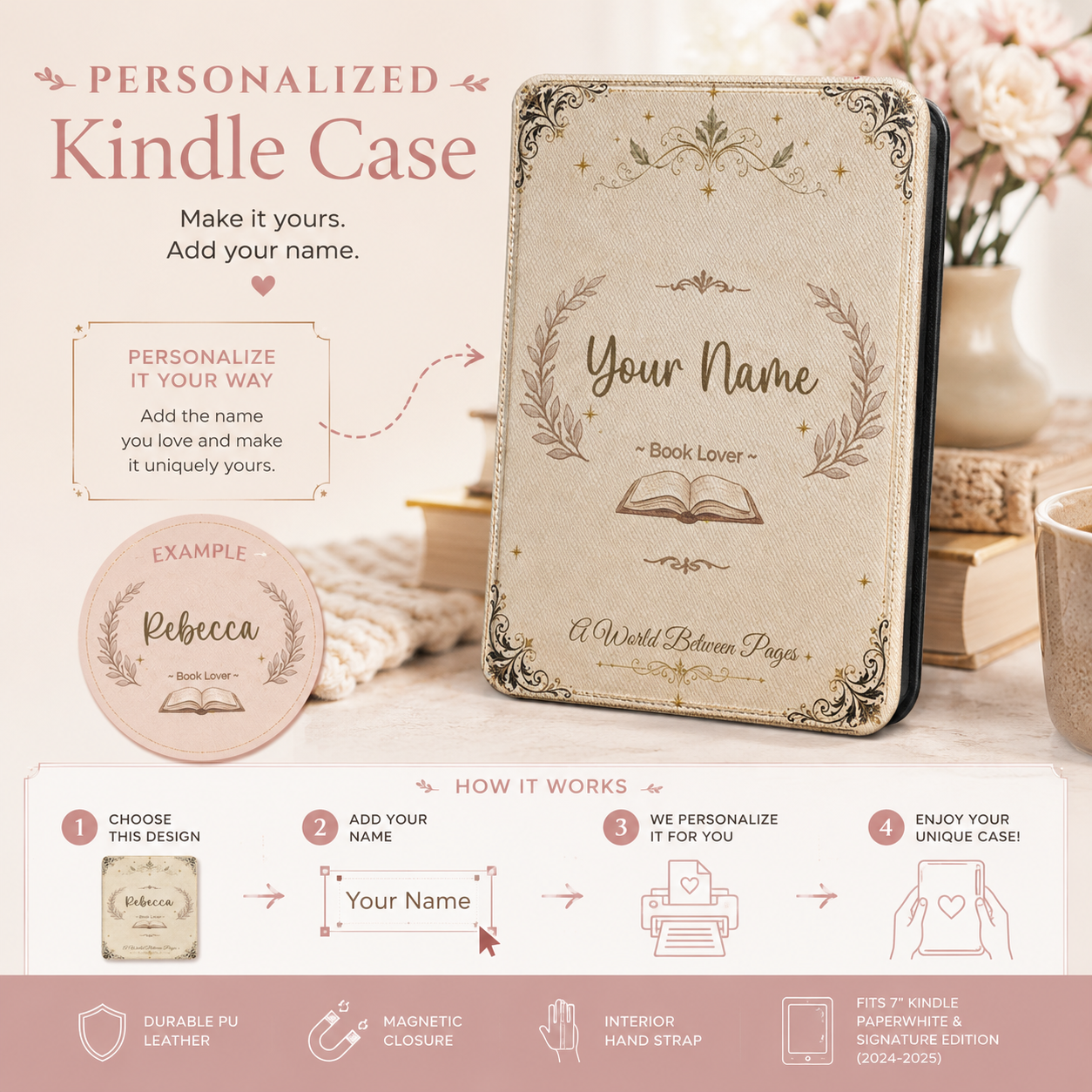 Personalization guide showing the custom name on the book lover Kindle case