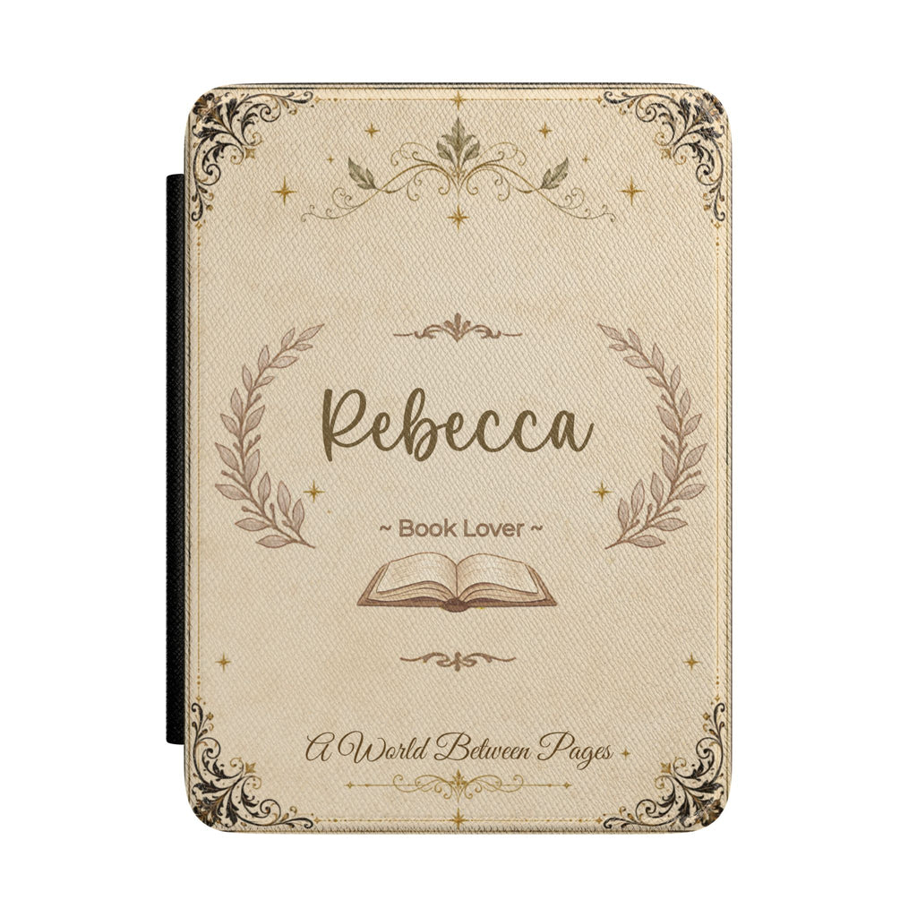 Personalized book lover Kindle case with a vintage aged-paper design, ornate border, open book, and a custom name