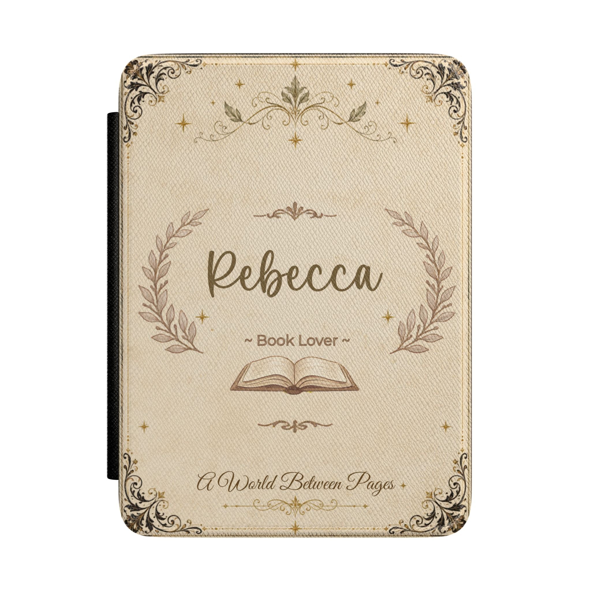 Personalized book lover Kindle case with a vintage aged-paper design, ornate border, open book, and a custom name