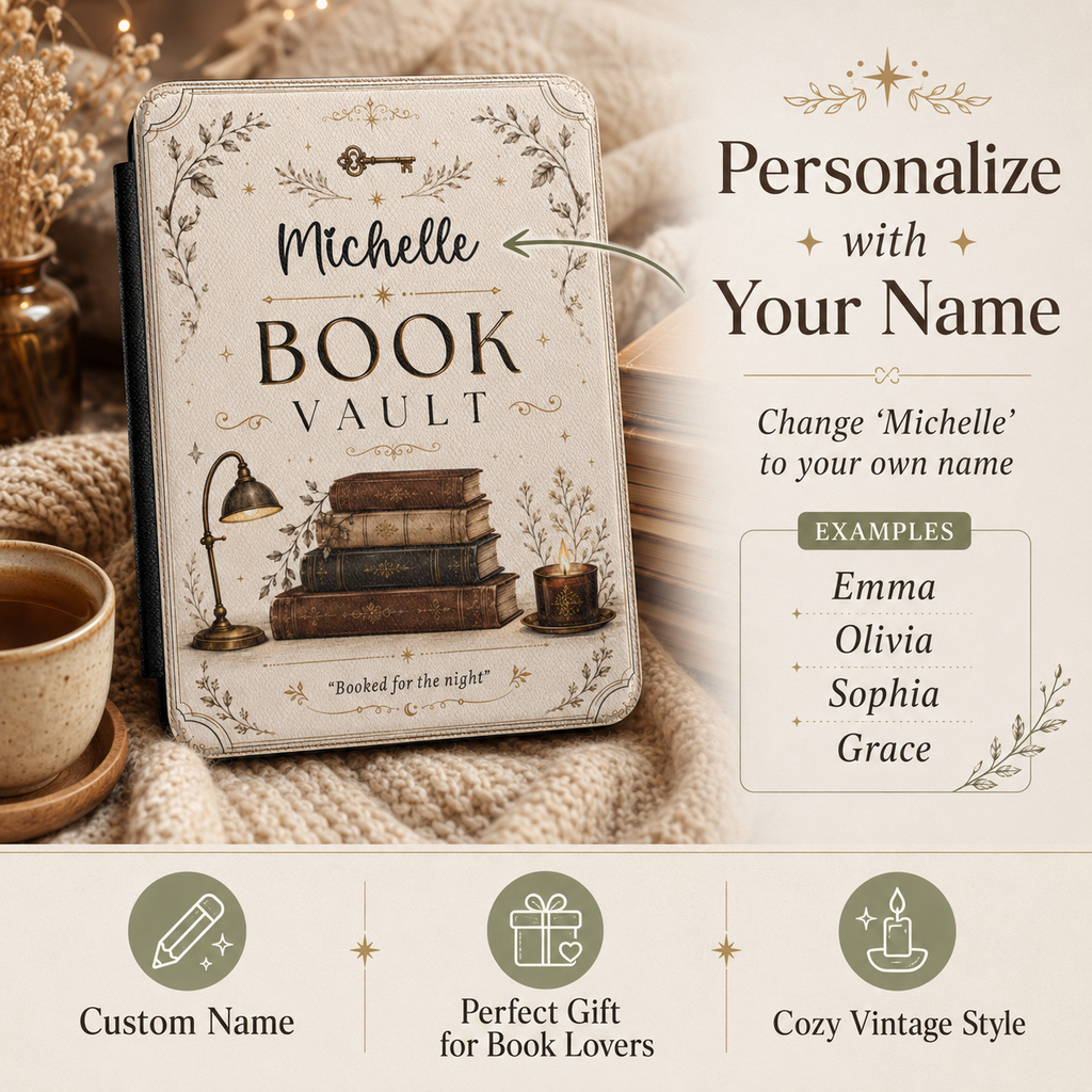 Personalization guide showing the custom name on the book vault Kindle case