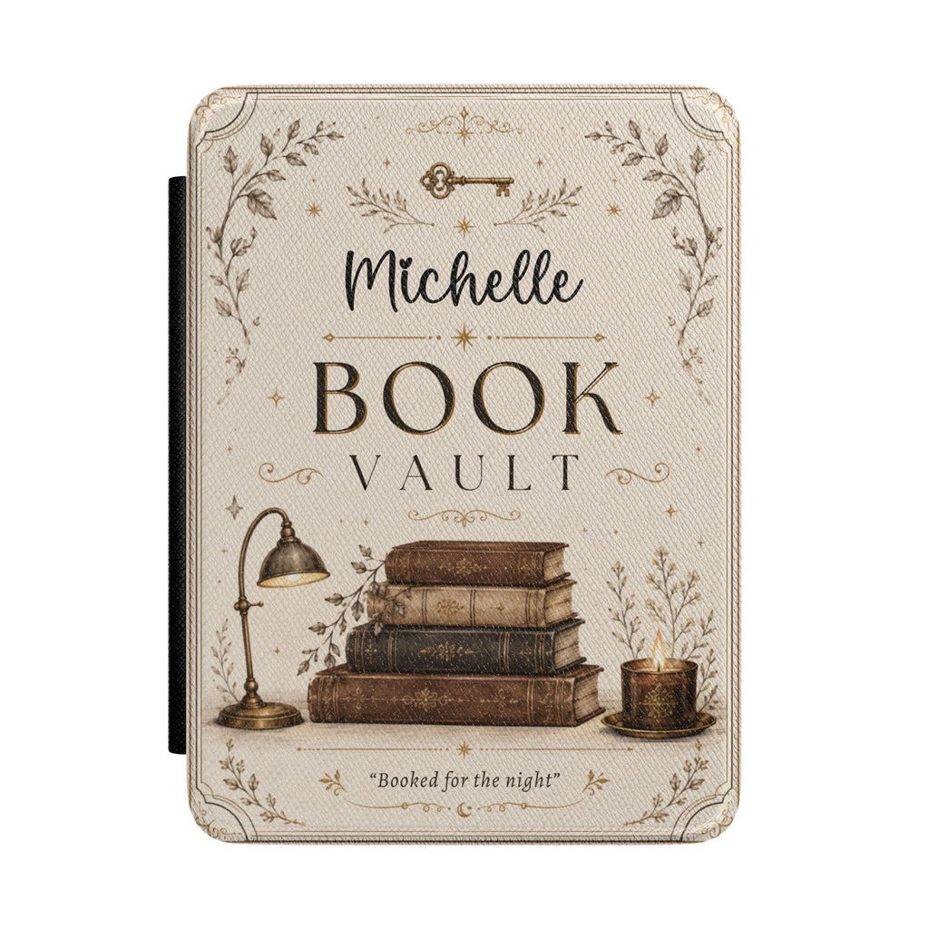 Personalized book vault Kindle case in cream PU leather with vintage books, a lamp, and a custom name reading Book Vault