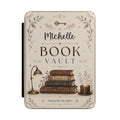 Personalized book vault Kindle case in cream PU leather with vintage books, a lamp, and a custom name reading Book Vault