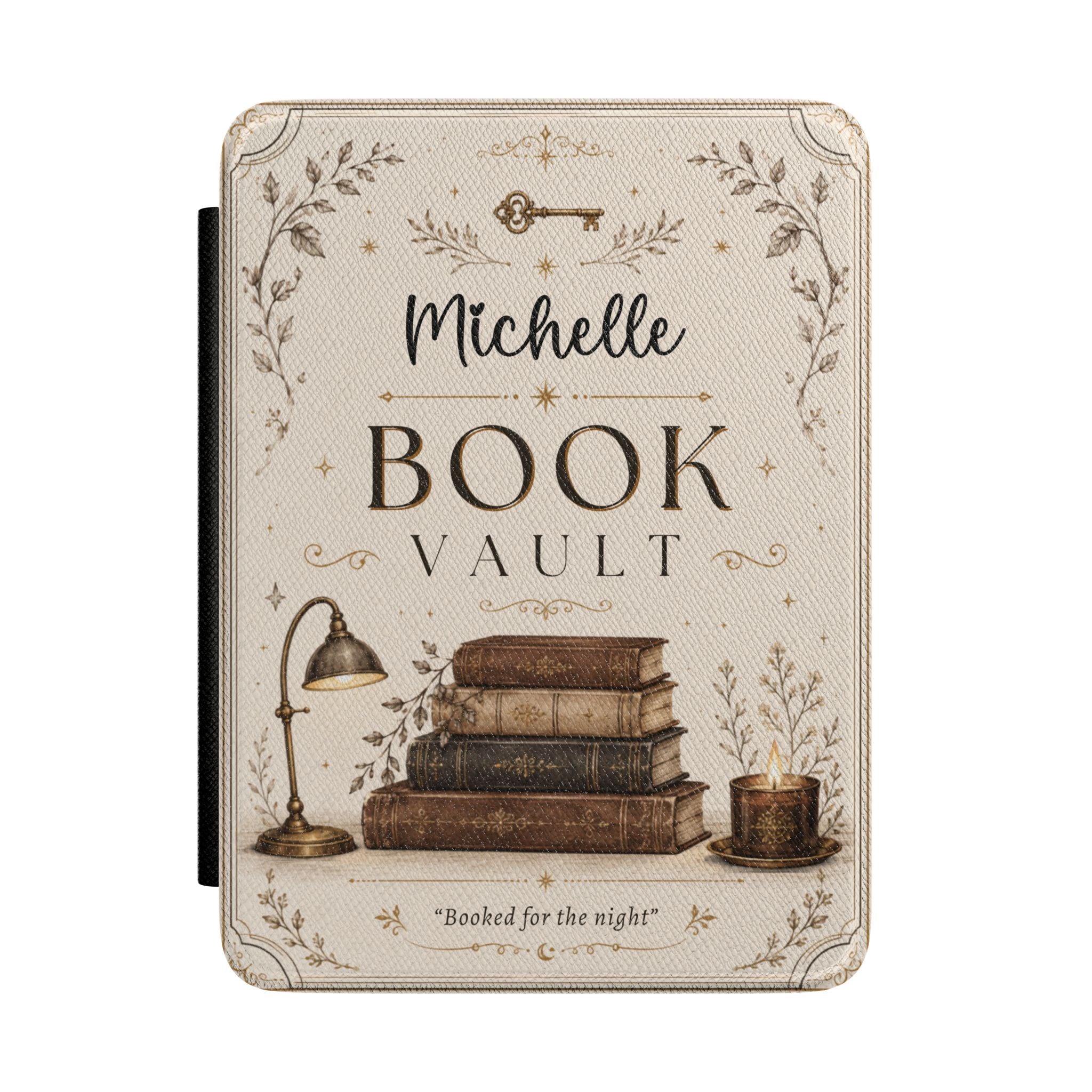 Personalized book vault Kindle case in cream PU leather with vintage books, a lamp, and a custom name reading Book Vault