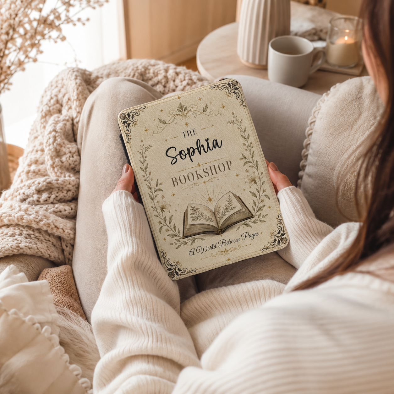 Design template for the bookshop Kindle case showing the print layout