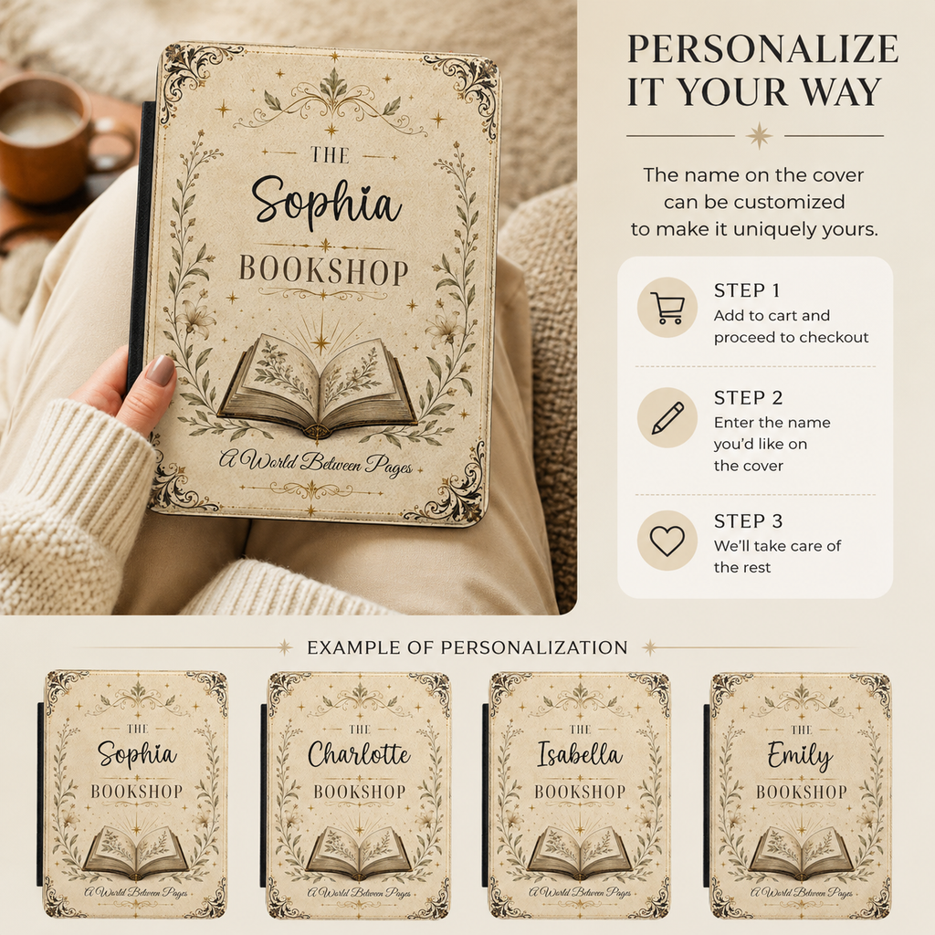 Personalization guide showing the custom name on the bookshop Kindle case