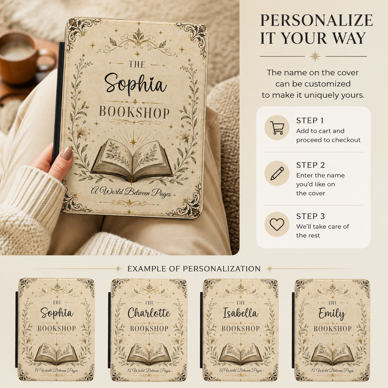 Personalization guide showing the custom name on the bookshop Kindle case