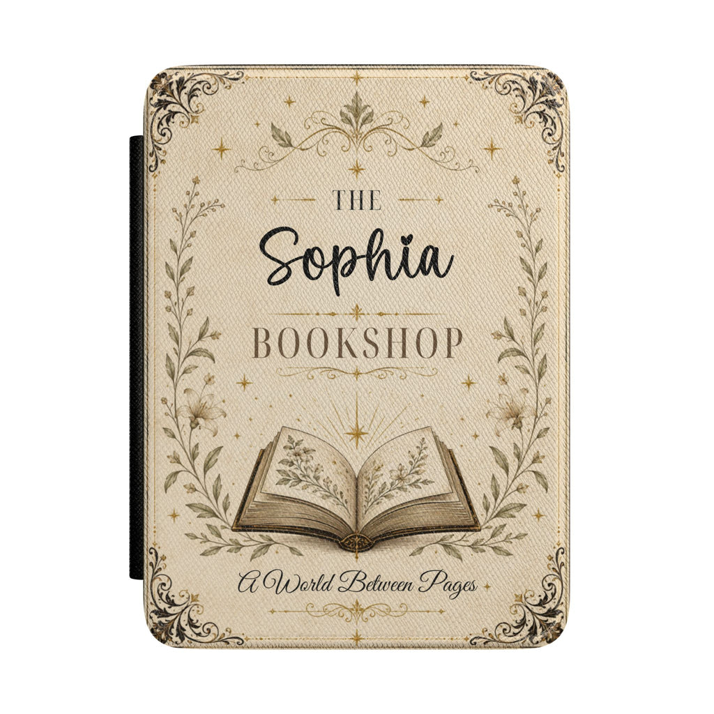 Personalized bookshop Kindle case in cream PU leather with an ornate floral border, an open book, and a custom name reading Bookshop