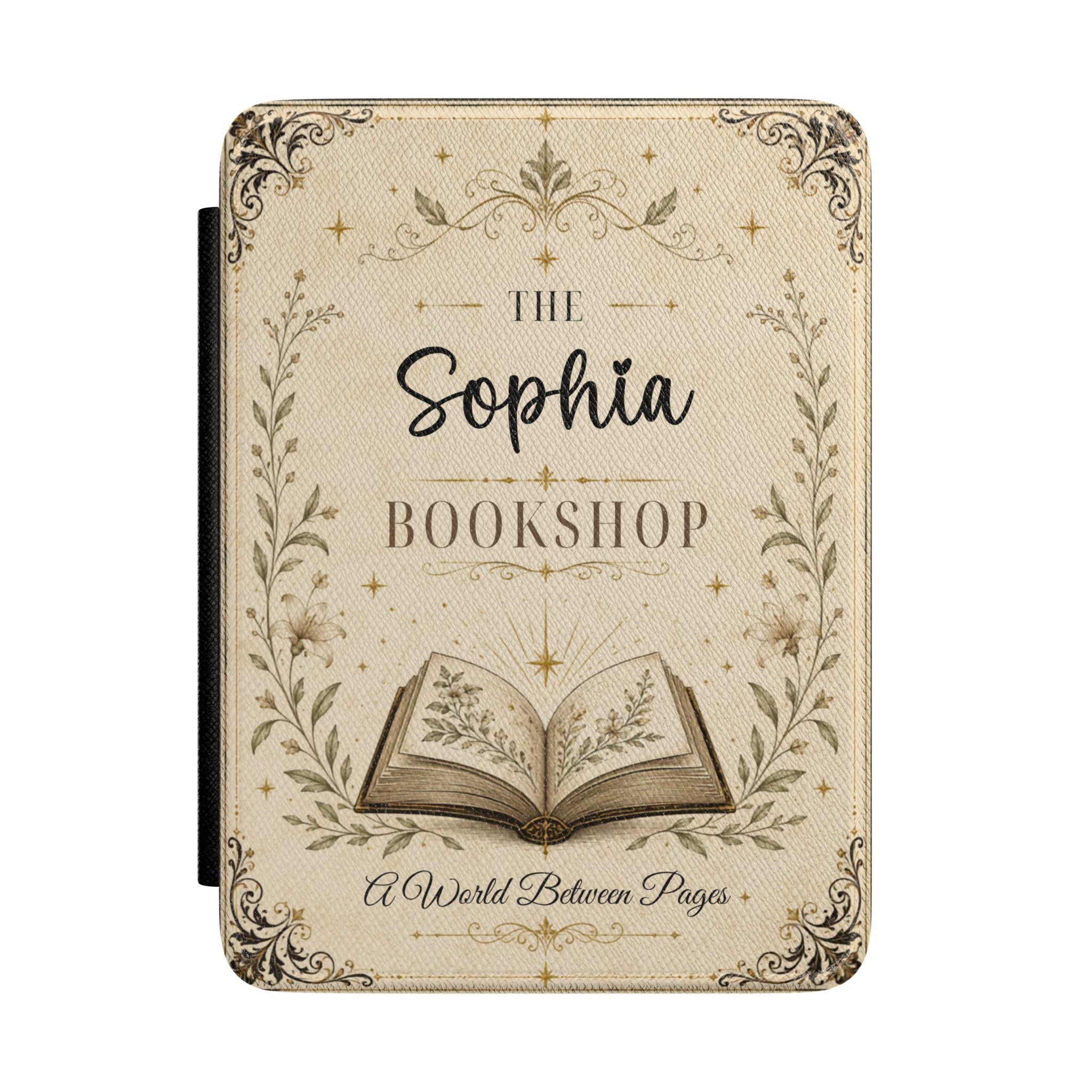 Personalized bookshop Kindle case in cream PU leather with an ornate floral border, an open book, and a custom name reading Bookshop