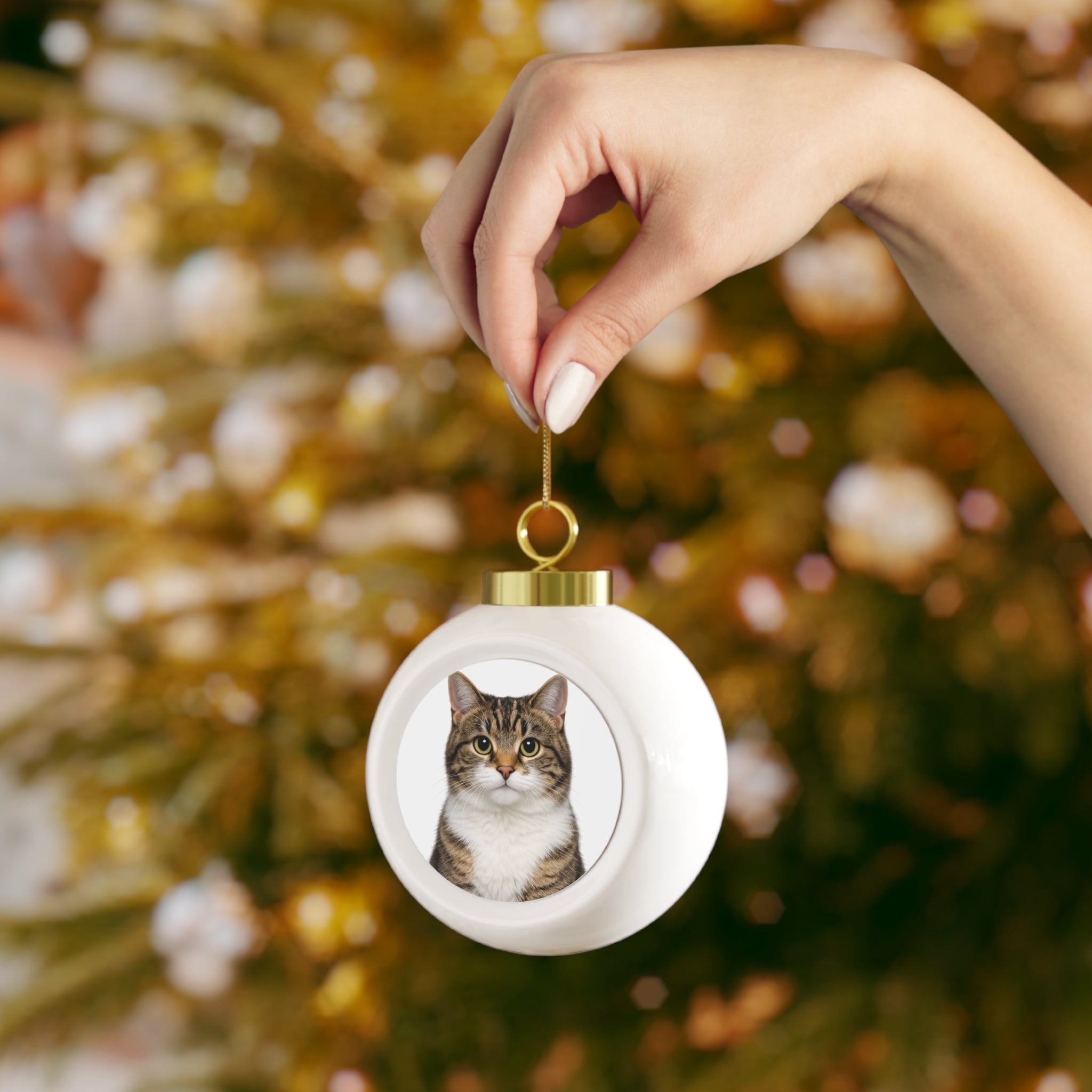 Back of the cat photo ceramic Christmas ball ornament