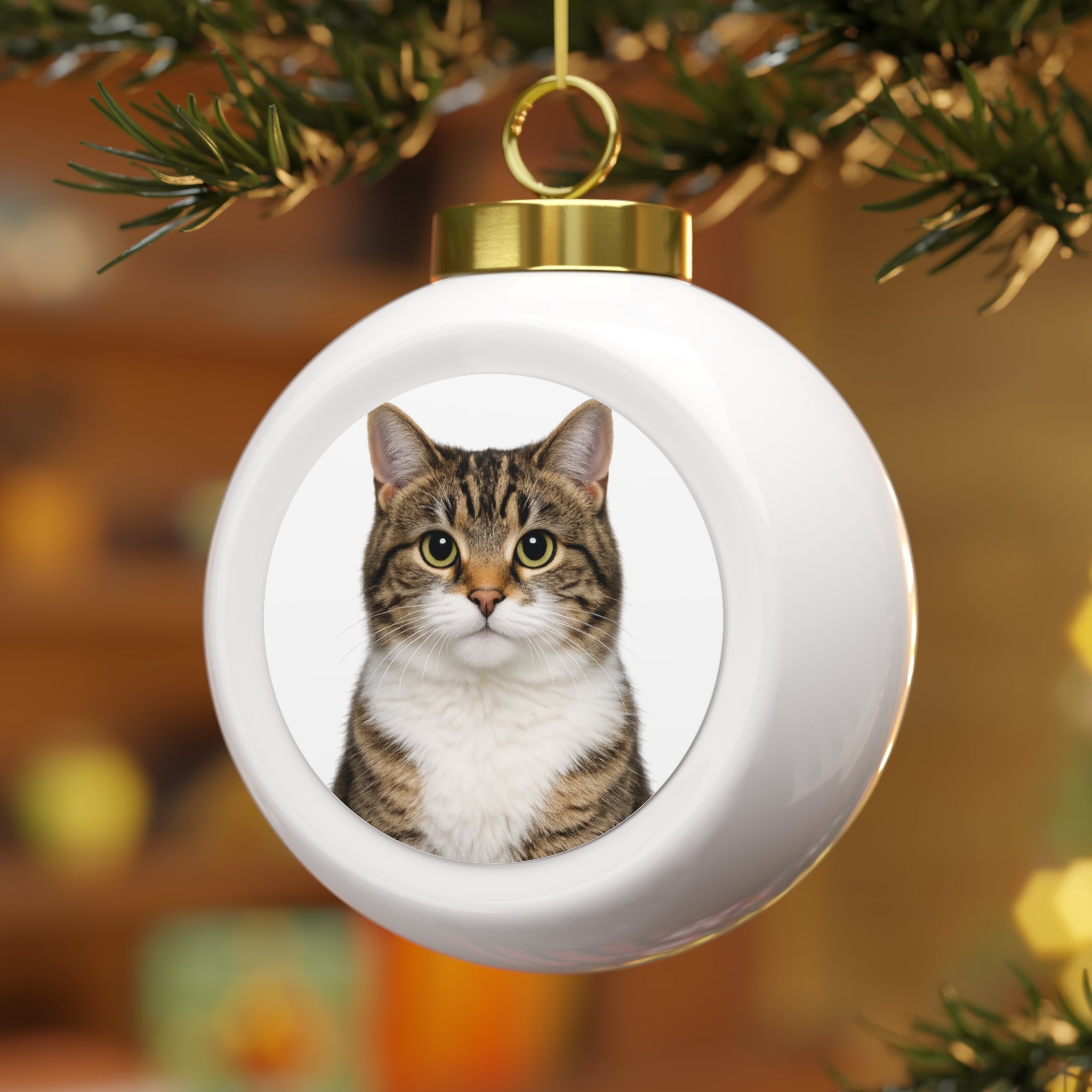 Cat photo Christmas ornament hanging on a Christmas tree